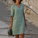 Vestido Feminino Casual de Poliéster com Decote V e Silhueta Solta para o Verão
