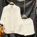 Conjunto Feminino de Algodão e Linho com Botões e Bolsos – Elegância Natural para o Verão