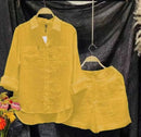 Conjunto Feminino de Algodão e Linho com Botões e Bolsos – Elegância Natural para o Verão