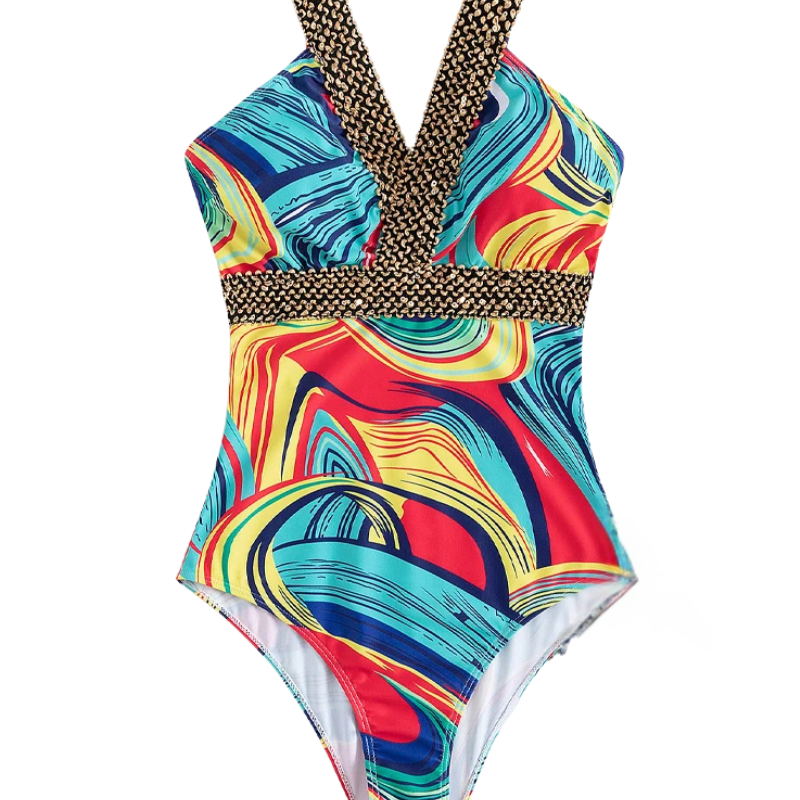 Maiô Feminino com Estilo Camuflado, Decote Sexy e Design Vintage