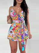 Conjunto Feminino Floral com Laço – Elegância Casual para Primavera e Verão